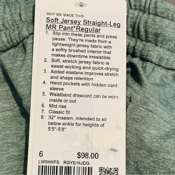 NWT Lululemon Soft Jersey Straight-Leg MR Pant Regular In Sage Green - Size 6 - Picture 5 of 6